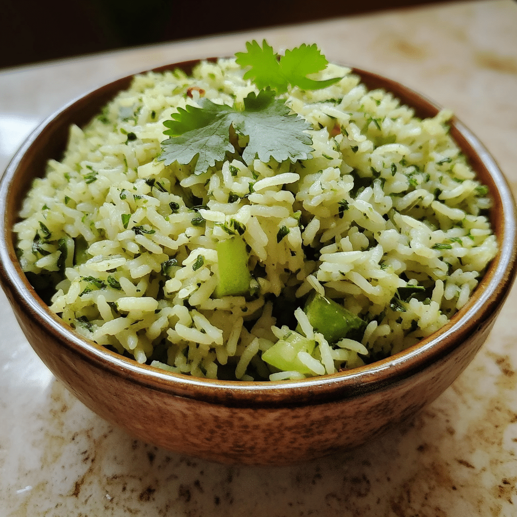 Homemade palak rice in a serving dish in a bright kitchen