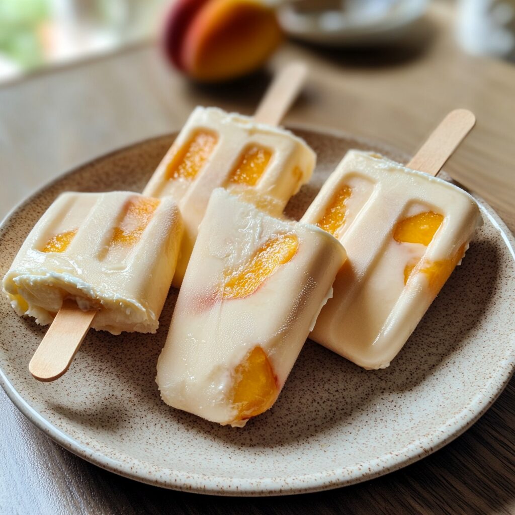 Peaches and Cream Popsicles presented in natural light with a homemade look