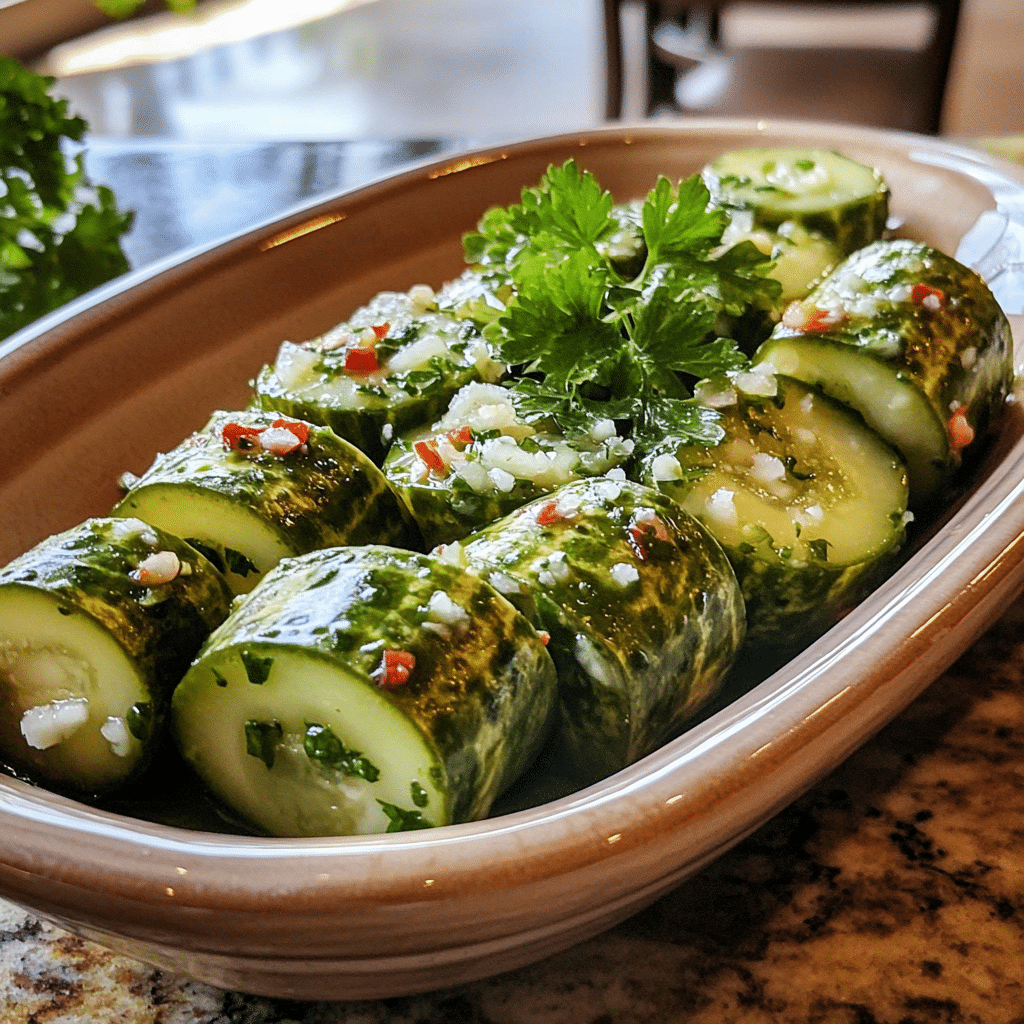 Homemade pickle rollups in a serving dish in a bright kitchen
