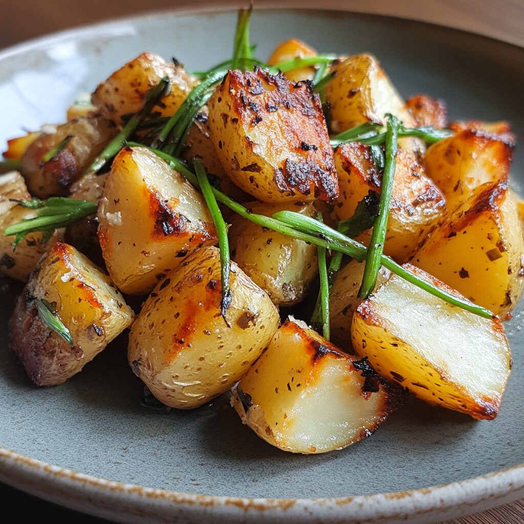 Roasted Potatoes with Garlic Scapes presented in natural light with a homemade look