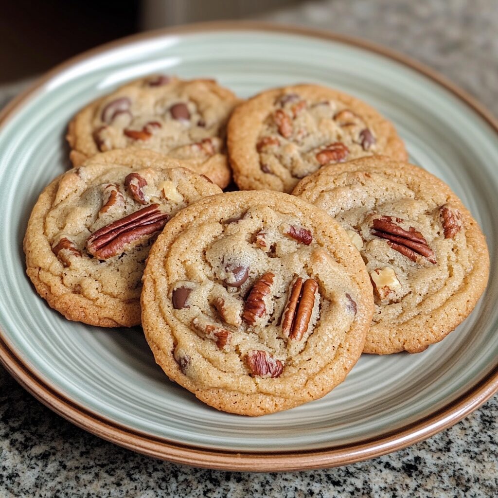Simple Browned Butter Pecan Chocolate Chip Cookies presented in natural light with a homemade look