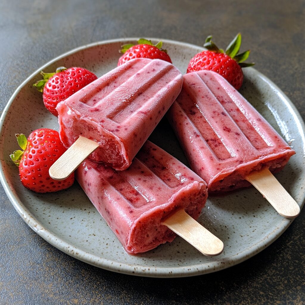 Small Batch Strawberry Popsicles presented in natural light with a homemade look