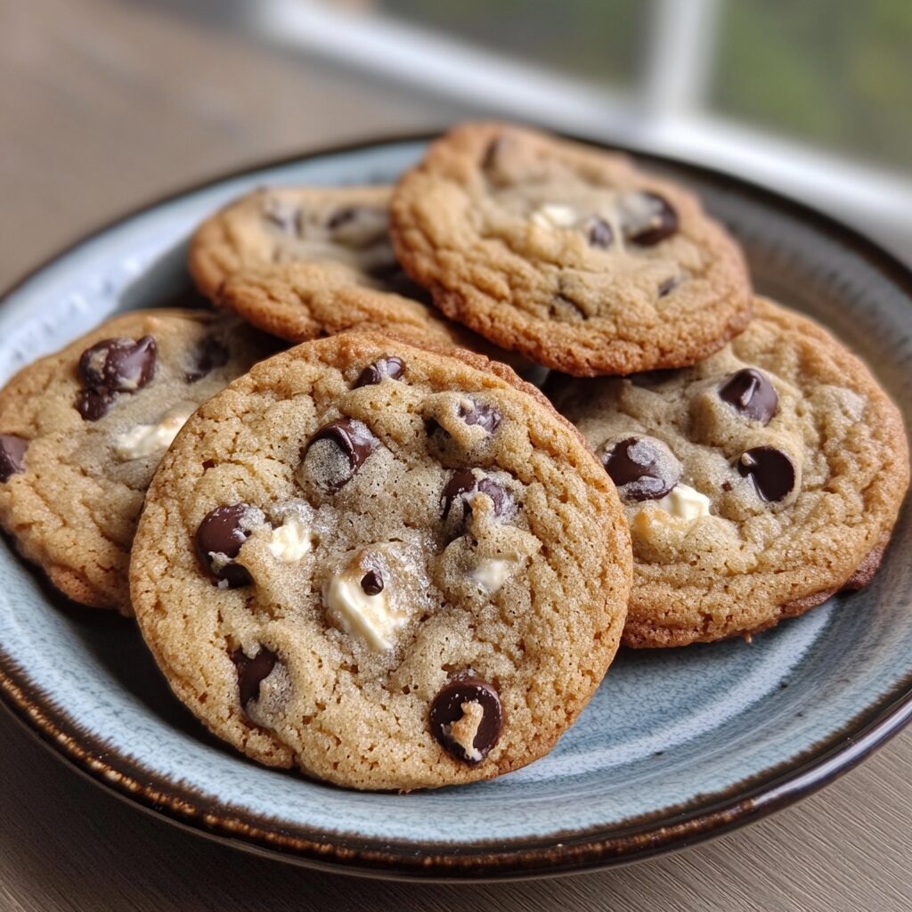 Softbatch Cream Cheese Chocolate Chip Cookies presented in natural light with a homemade look