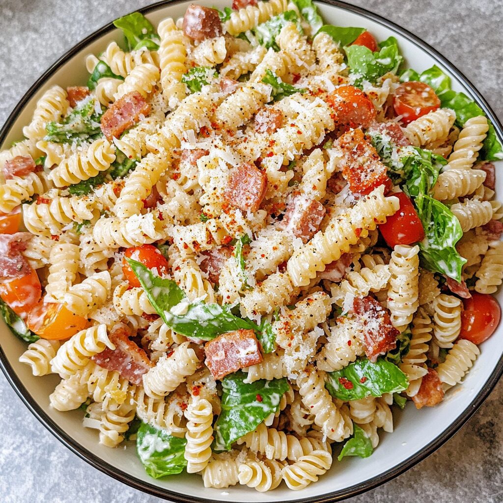 Spicy BLT Caesar Pasta Salad with visible layers and toppings