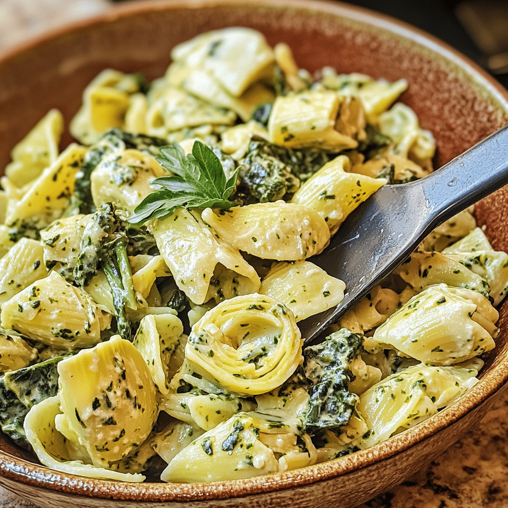 Homemade spinach artichoke pasta – skinny spatula in a serving dish in a bright kitchen.