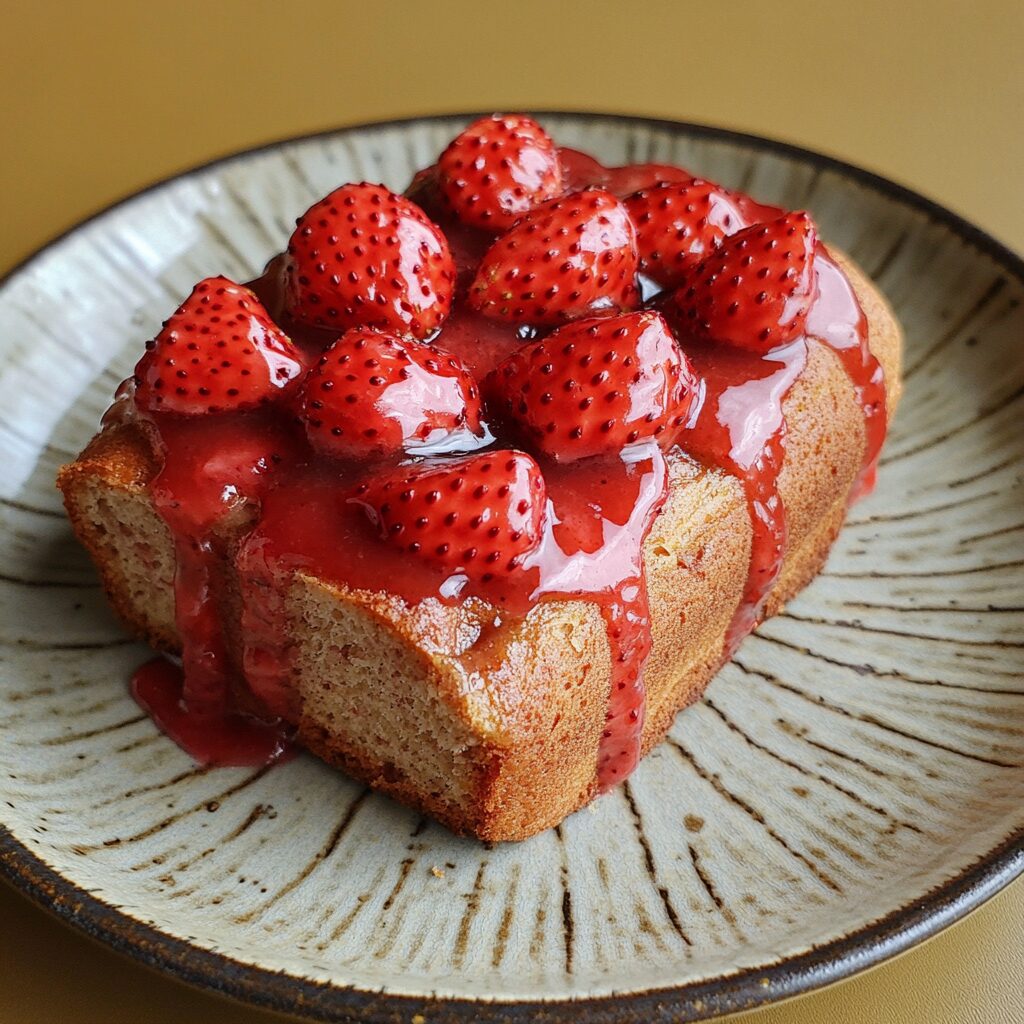 Strawberry Bread Loaf with Strawberry Glaze presented in natural light with a homemade look