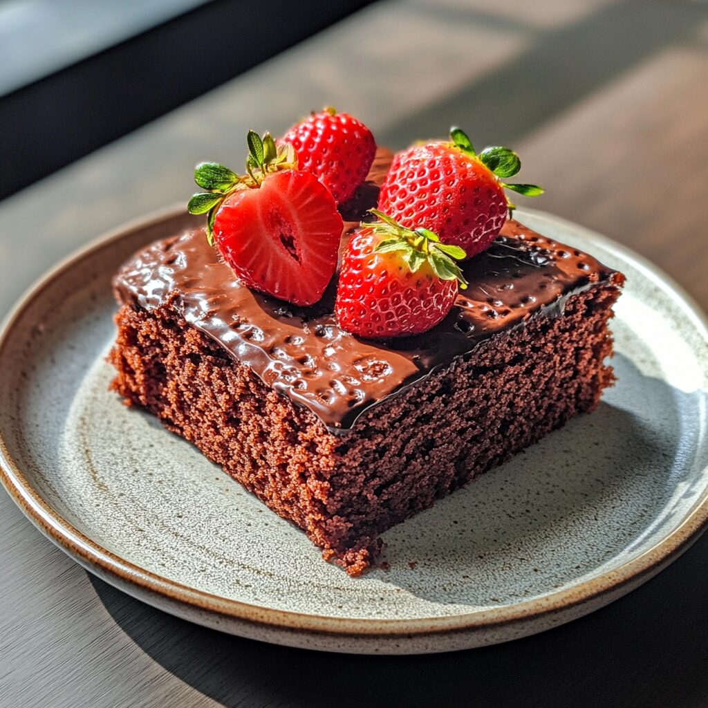 Strawberry Chocolate Cake presented in natural light with a homemade look