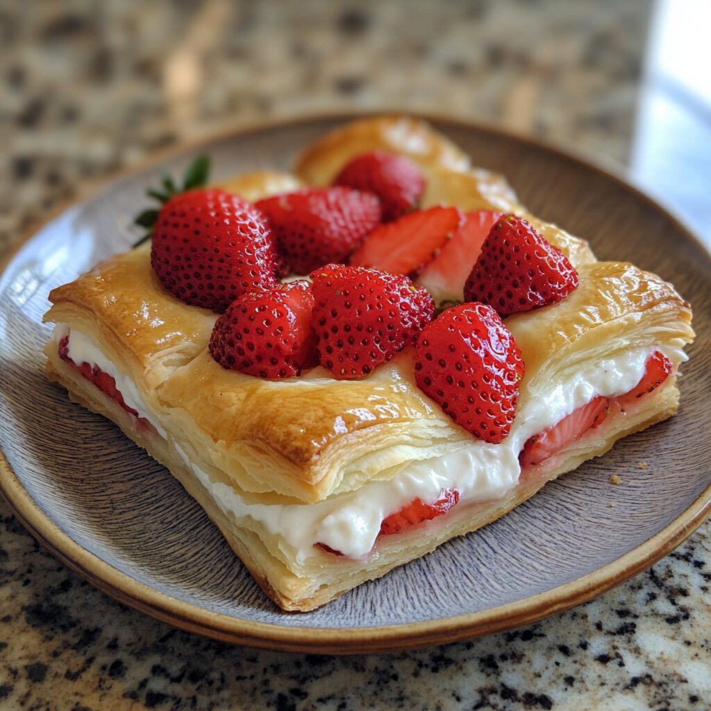 Strawberry Cream Cheese Danish with Flaky Puff Pastry presented in natural light with a homemade look