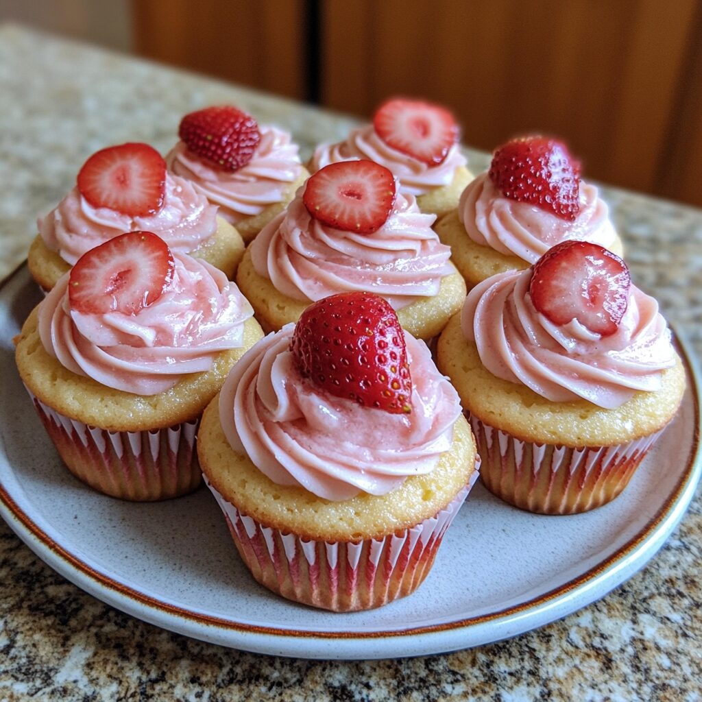 Strawberry Lemonade Cupcakes presented in natural light with a homemade look