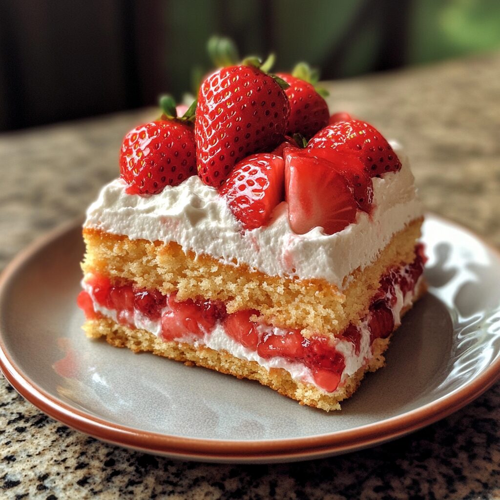 Strawberry Shortcake Cake presented in natural light with a homemade look
