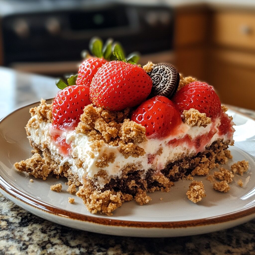Strawberry Shortcake Crumble with Oreos presented in natural light with a homemade look