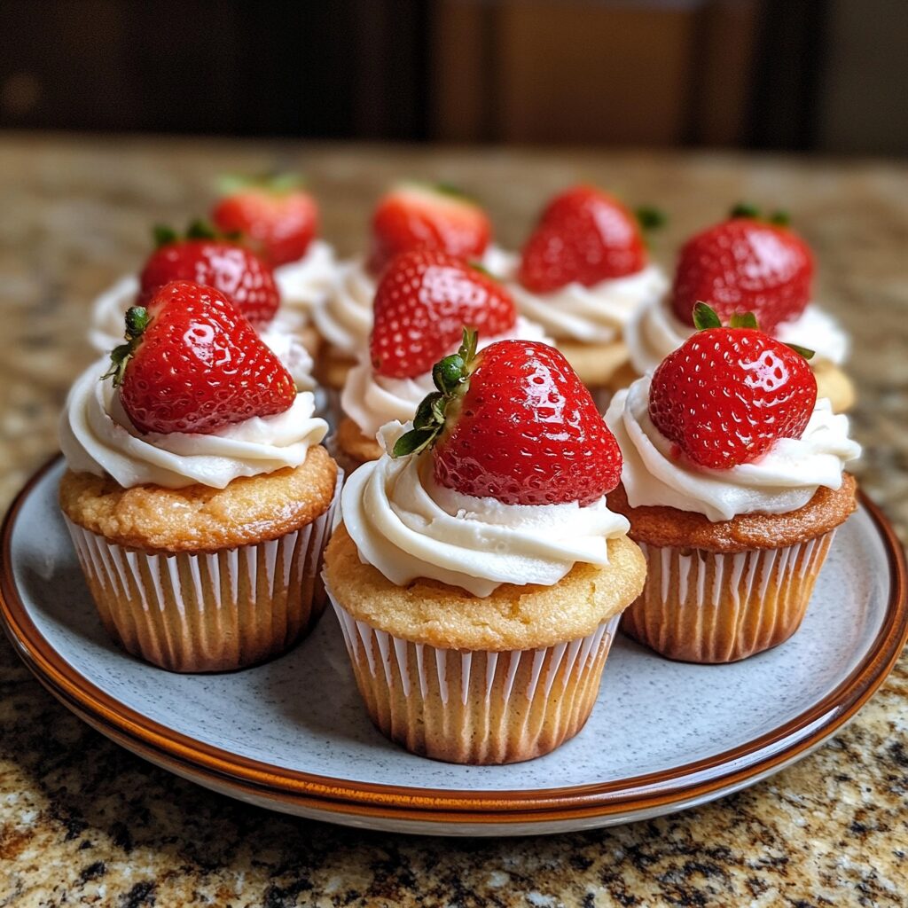 Strawberry Shortcake Cupcakes presented in natural light with a homemade look
