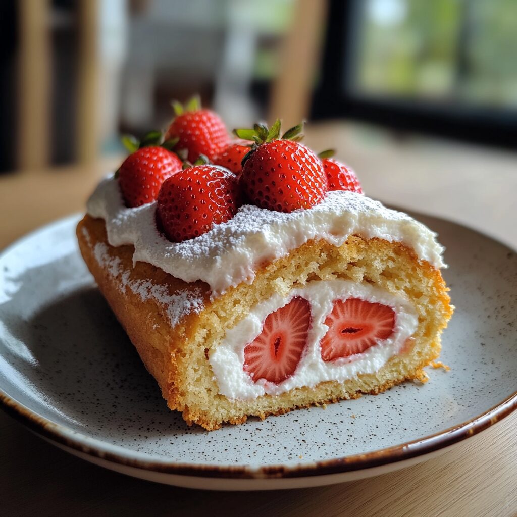 Strawberry Shortcake Roulade presented in natural light with a homemade look