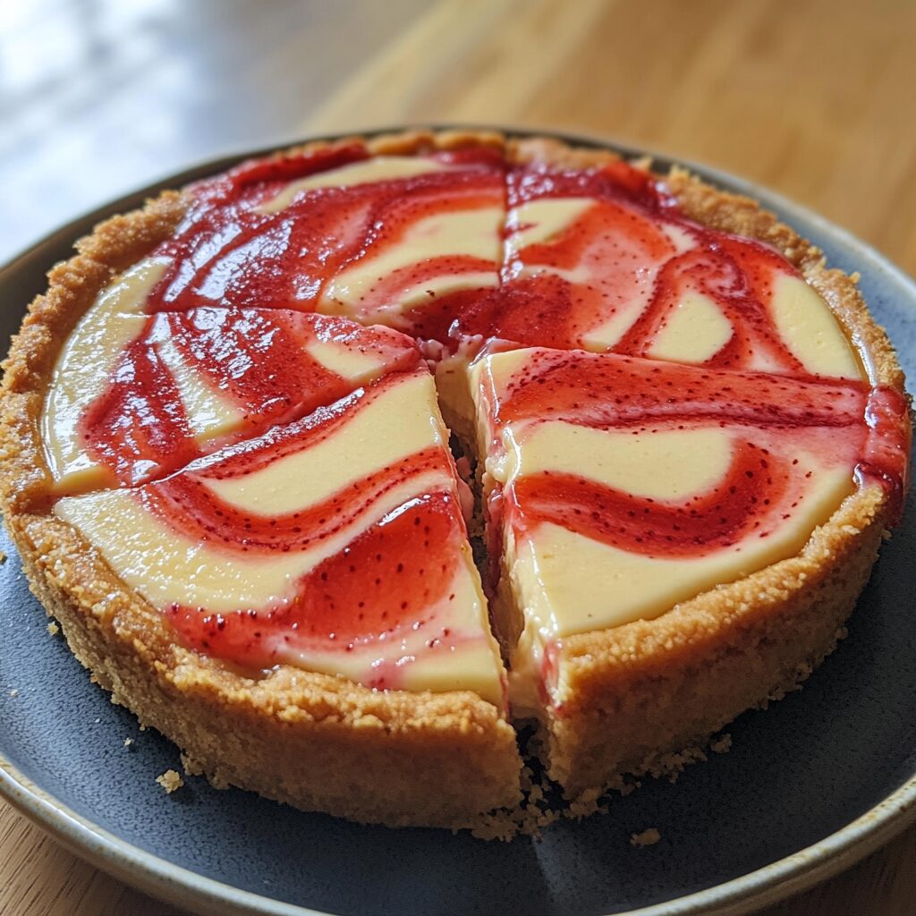 Strawberry Swirl Cheesecake Recipe presented in natural light with a homemade look