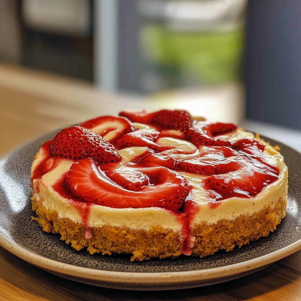 Strawberry Swirl Cheesecake Recipe presented in natural light with a homemade look