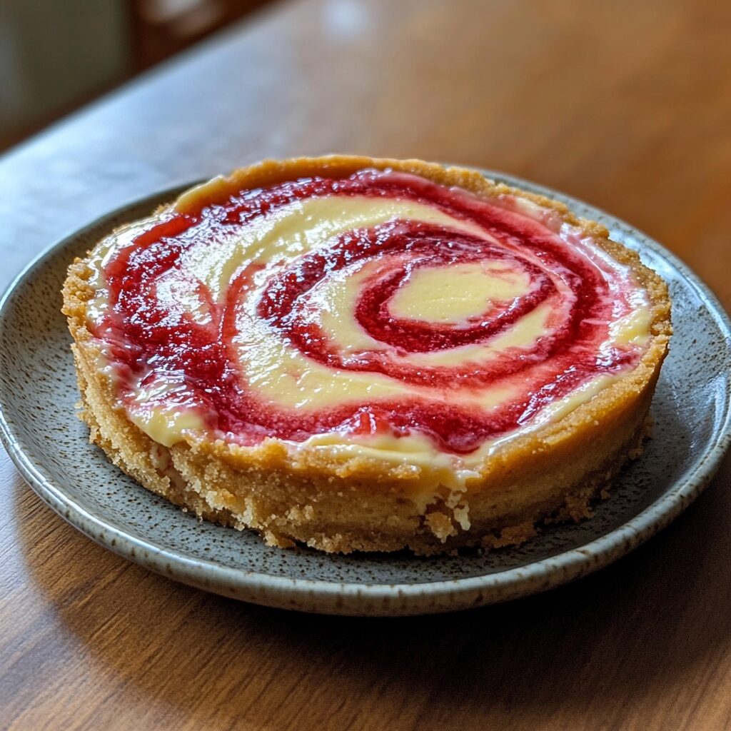 Strawberry Swirl Cheesecake presented in natural light with a homemade look