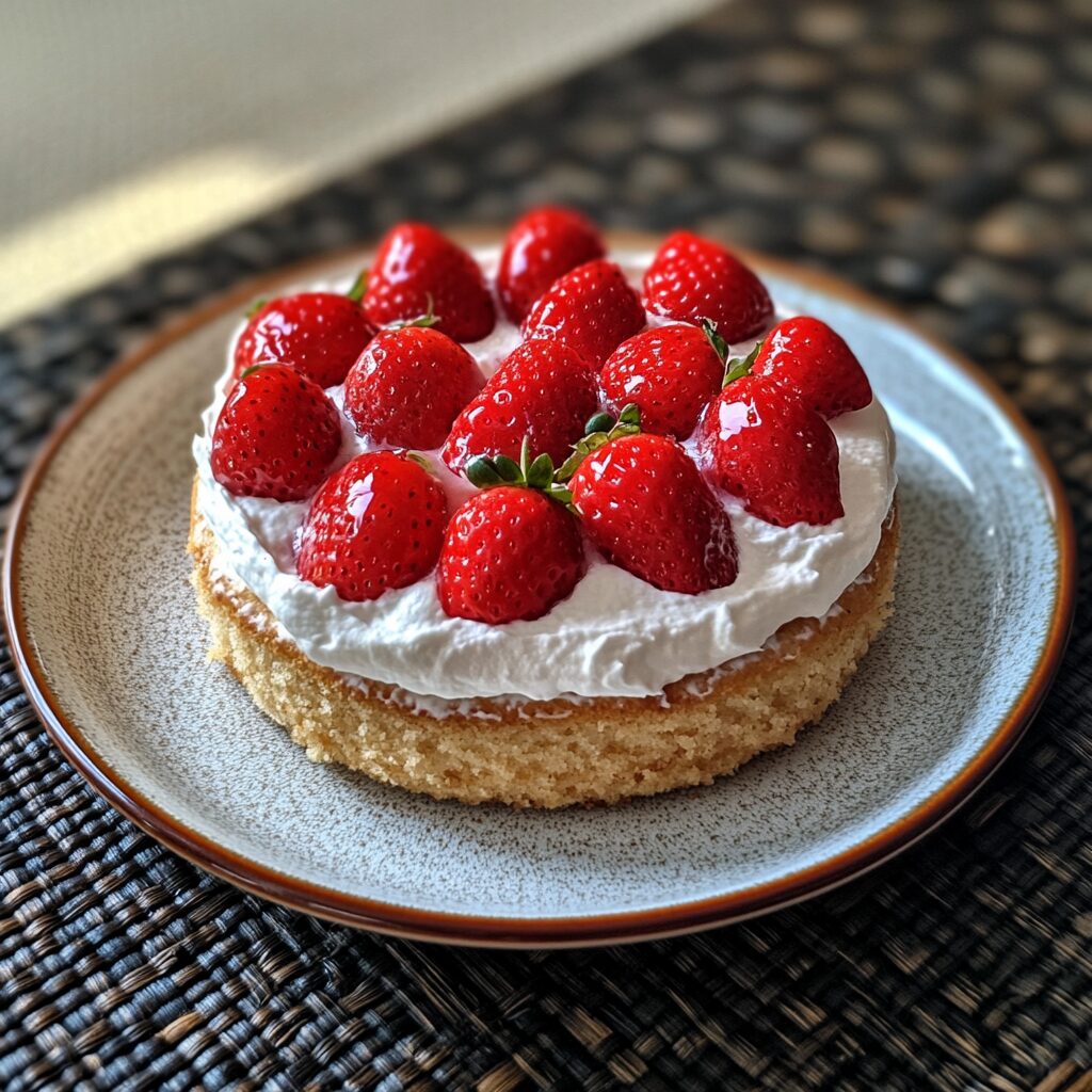 Strawberry Vanilla Cake presented in natural light with a homemade look