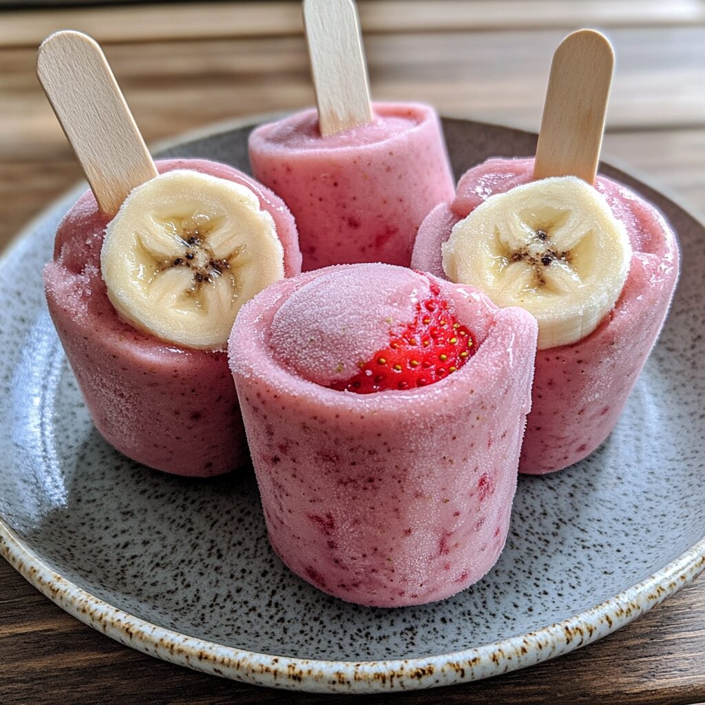 Sugar-Free Strawberry Banana Frozen Yogurt Pops for Toddlers presented in natural light with a homemade look
