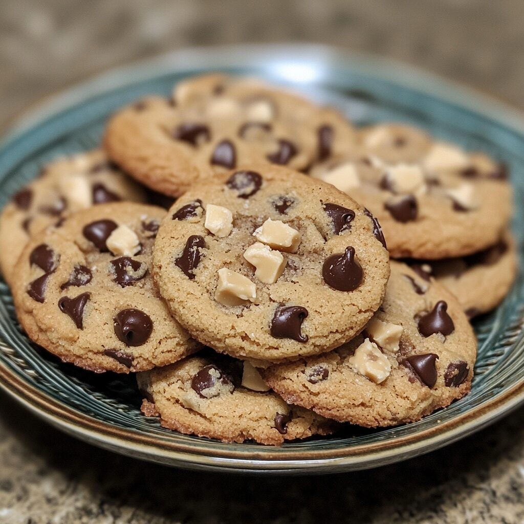 Sweet Chocolate Chip and Toffee Shortbread Cookies presented in natural light with a homemade look