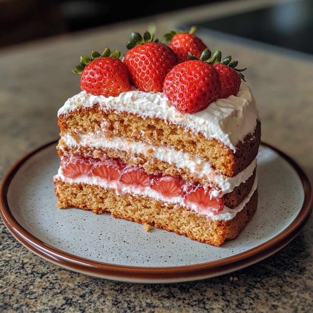 The Best Strawberry Cake Ever presented in natural light with a homemade look