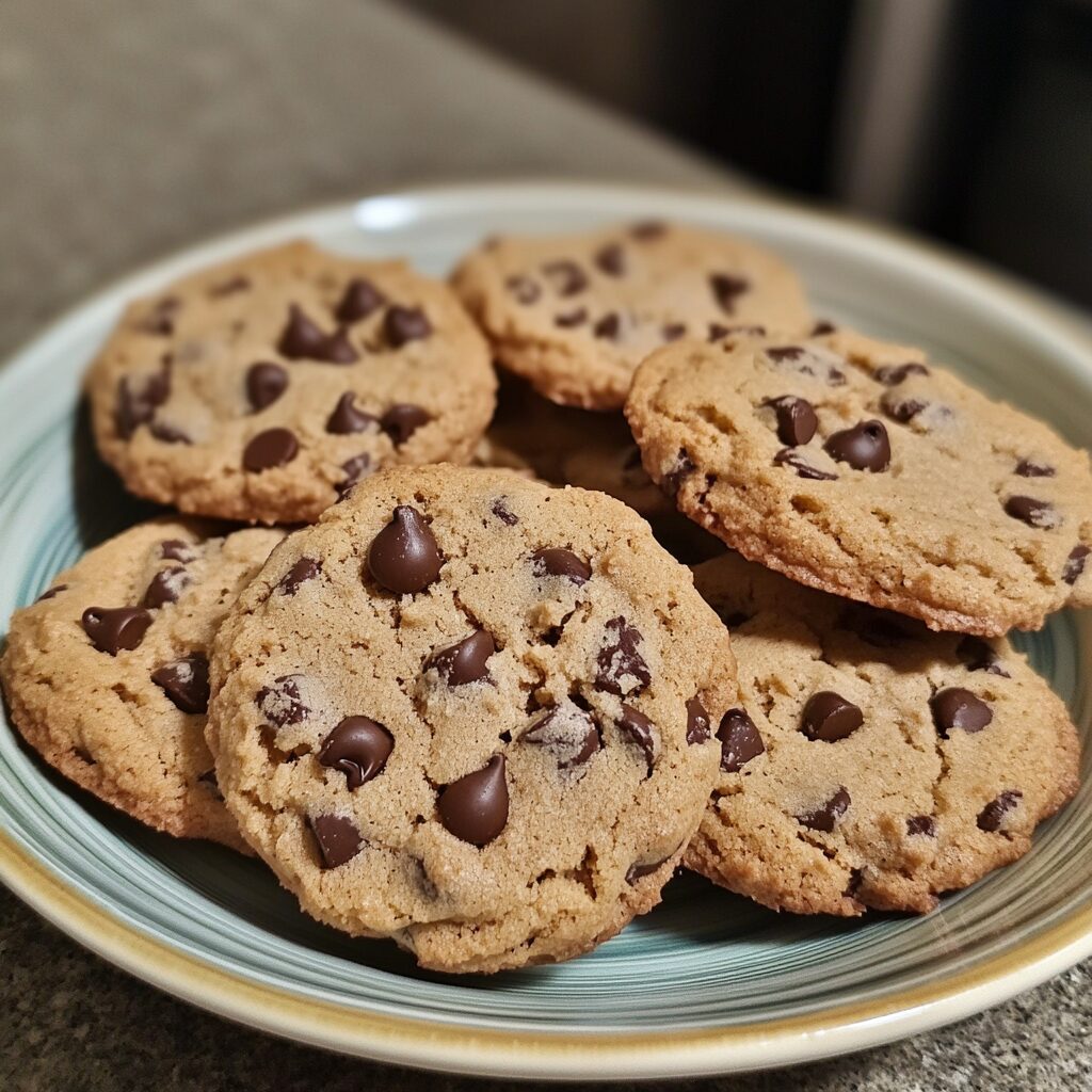 Thick Chocolate Chip Cookies presented in natural light with a homemade look
