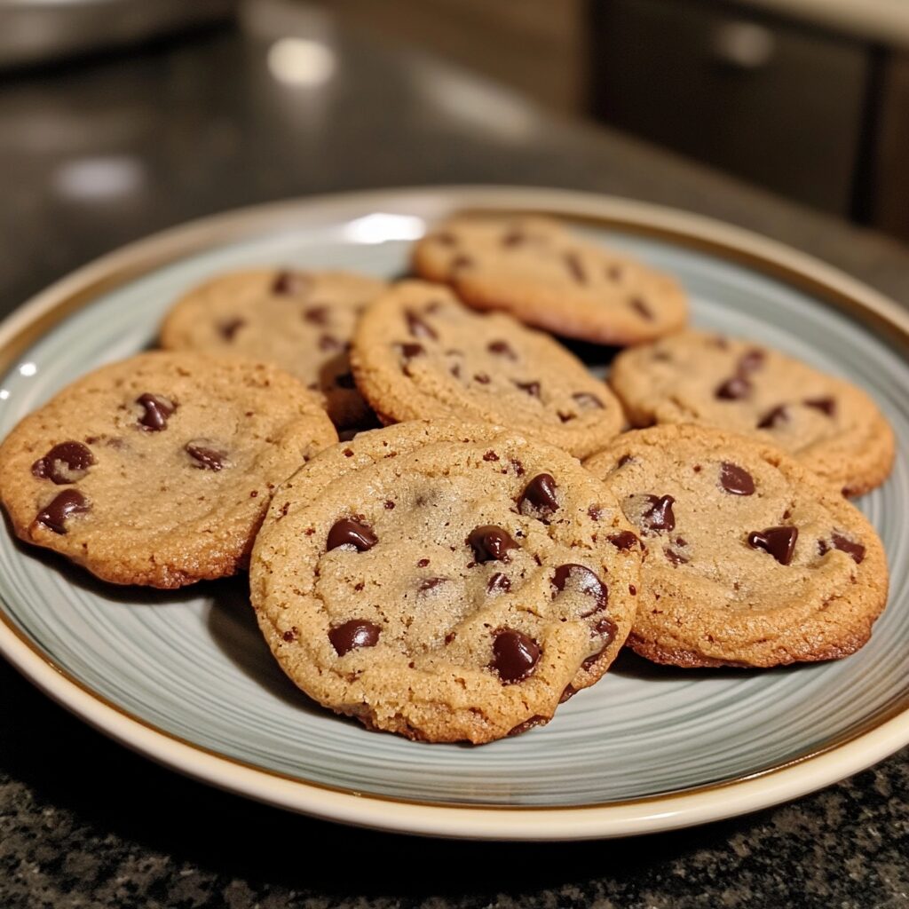 Thin & Chewy Chocolate Chip Cookies presented in natural light with a homemade look