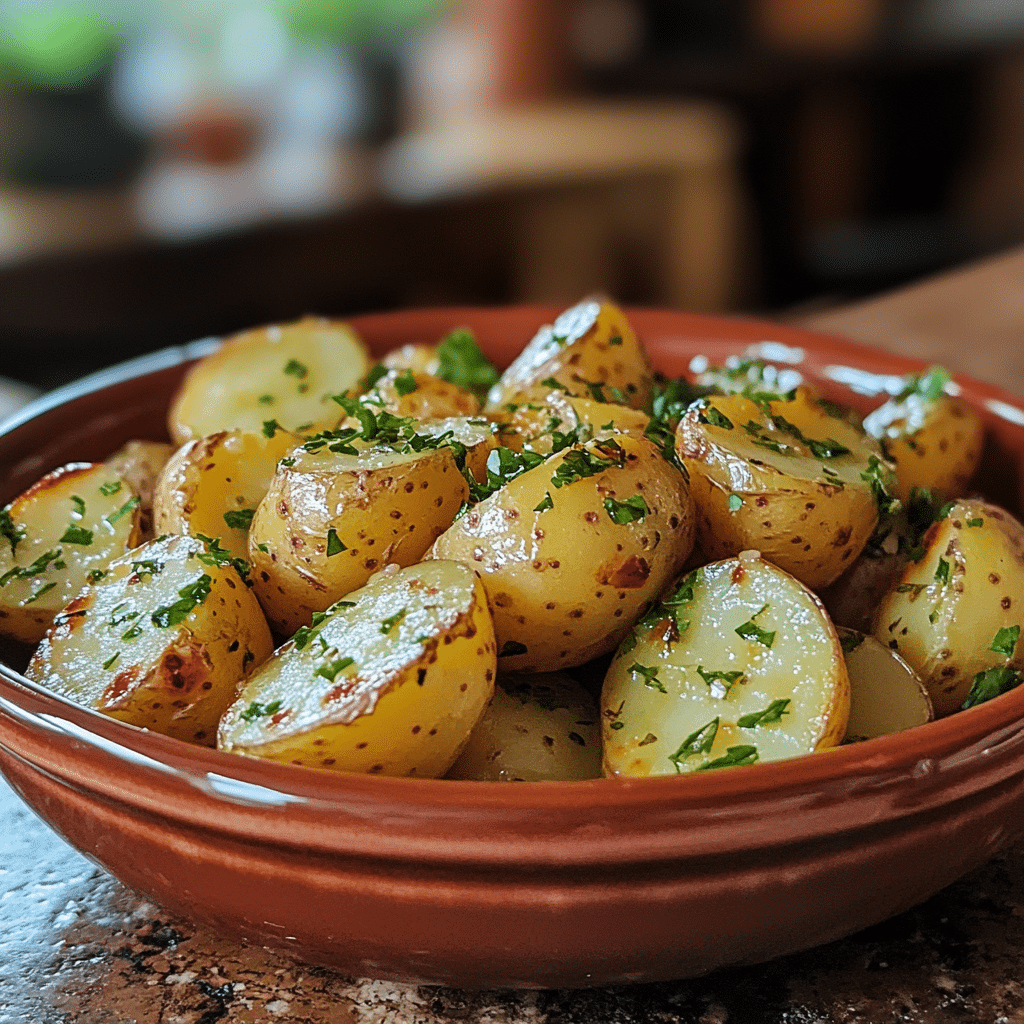 Homemade deviled mini potatoes in a serving dish in a bright kitchen
