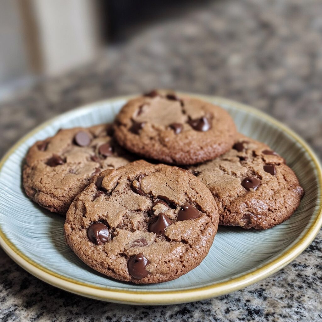 double chocolate chip cookies presented in natural light with a homemade look