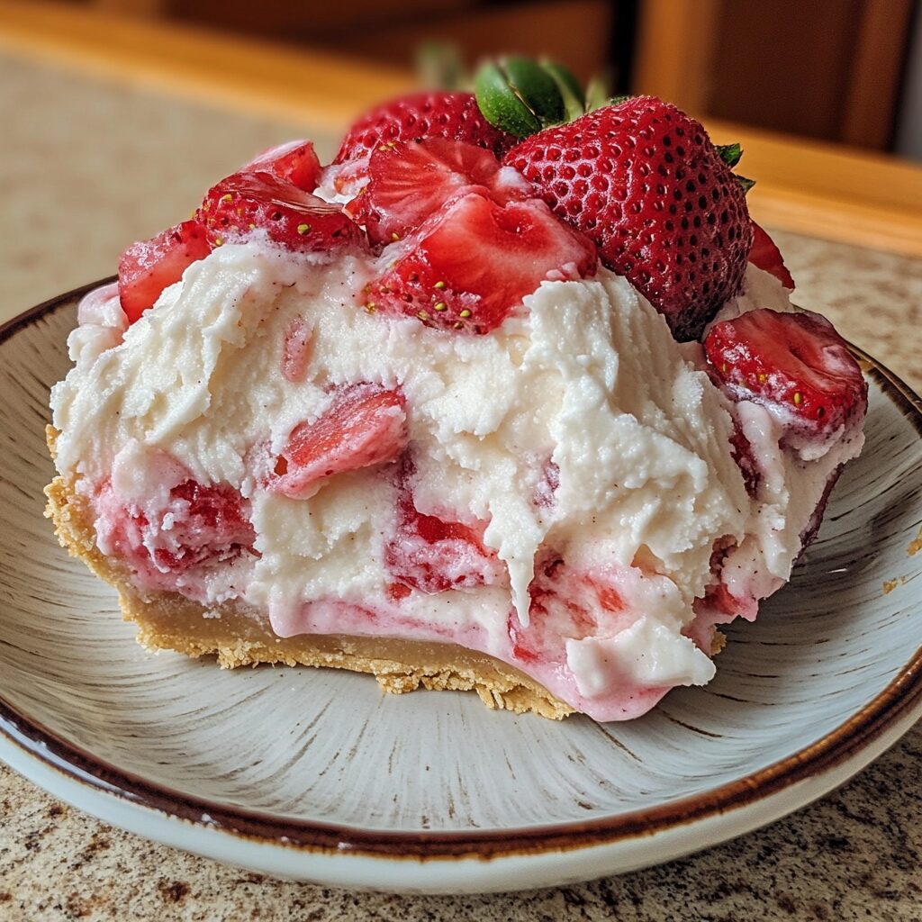 frozen strawberry cream pie presented in natural light with a homemade look