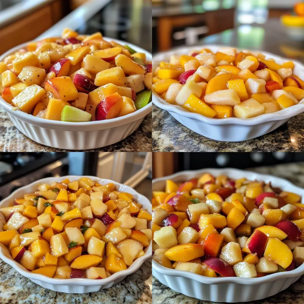 10 Minute Fruit Salad with Peach Pie Filling in a homemade serving dish with a fresh, appetizing finish