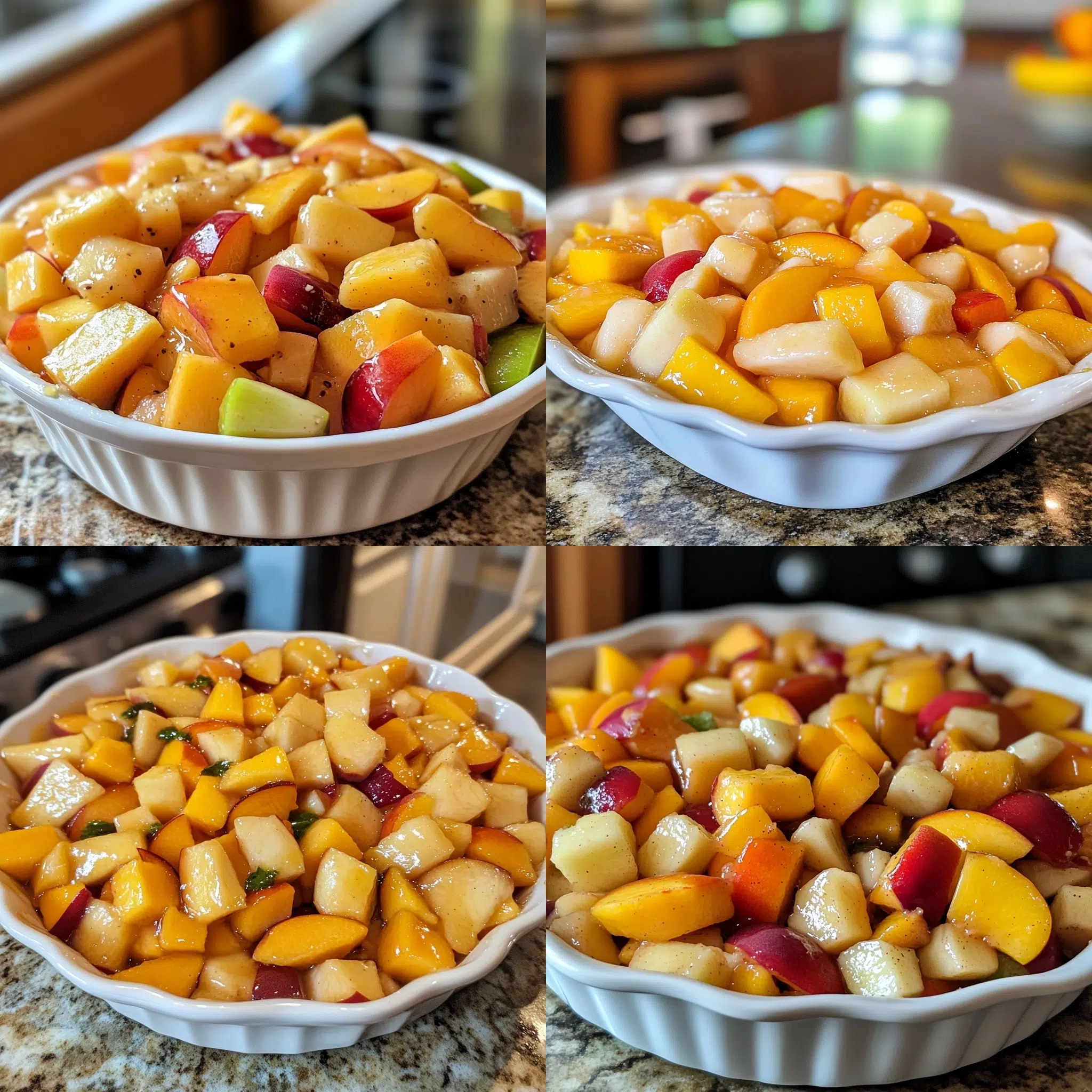 10 Minute Fruit Salad with Peach Pie Filling in a homemade serving dish with a fresh, appetizing finish