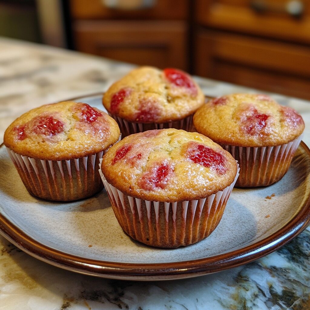 Bakery-Style Fresh Strawberry Muffins That Are Incredibly Moist presented in natural light with a homemade look