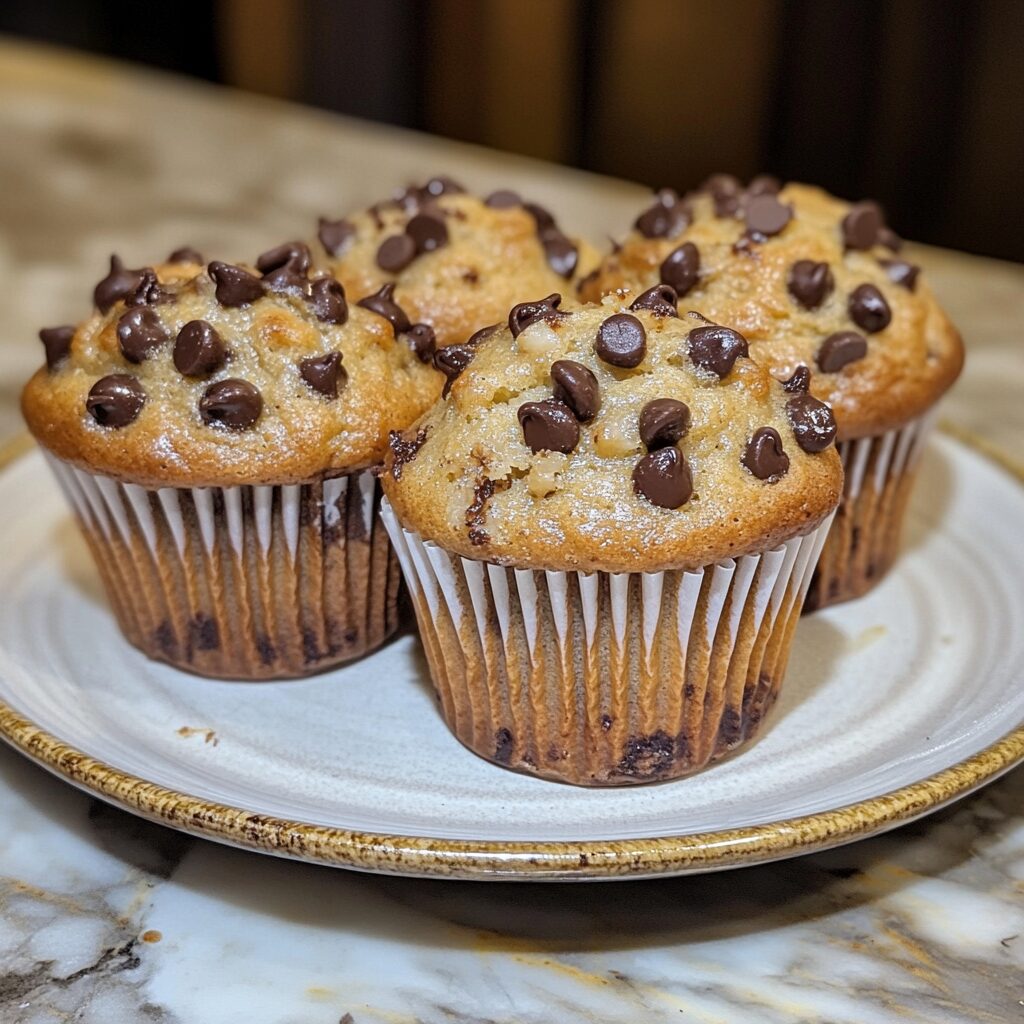 Banana Chocolate Chip Muffins presented in natural light with a homemade look