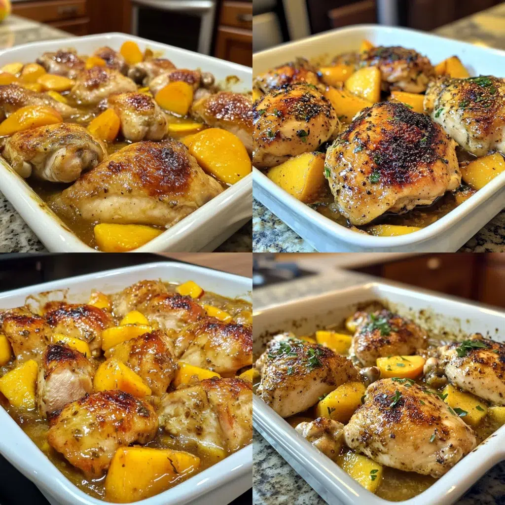 Chicken with Peaches 30 Minute One Pan Meal in a homemade serving dish with a fresh, appetizing finish