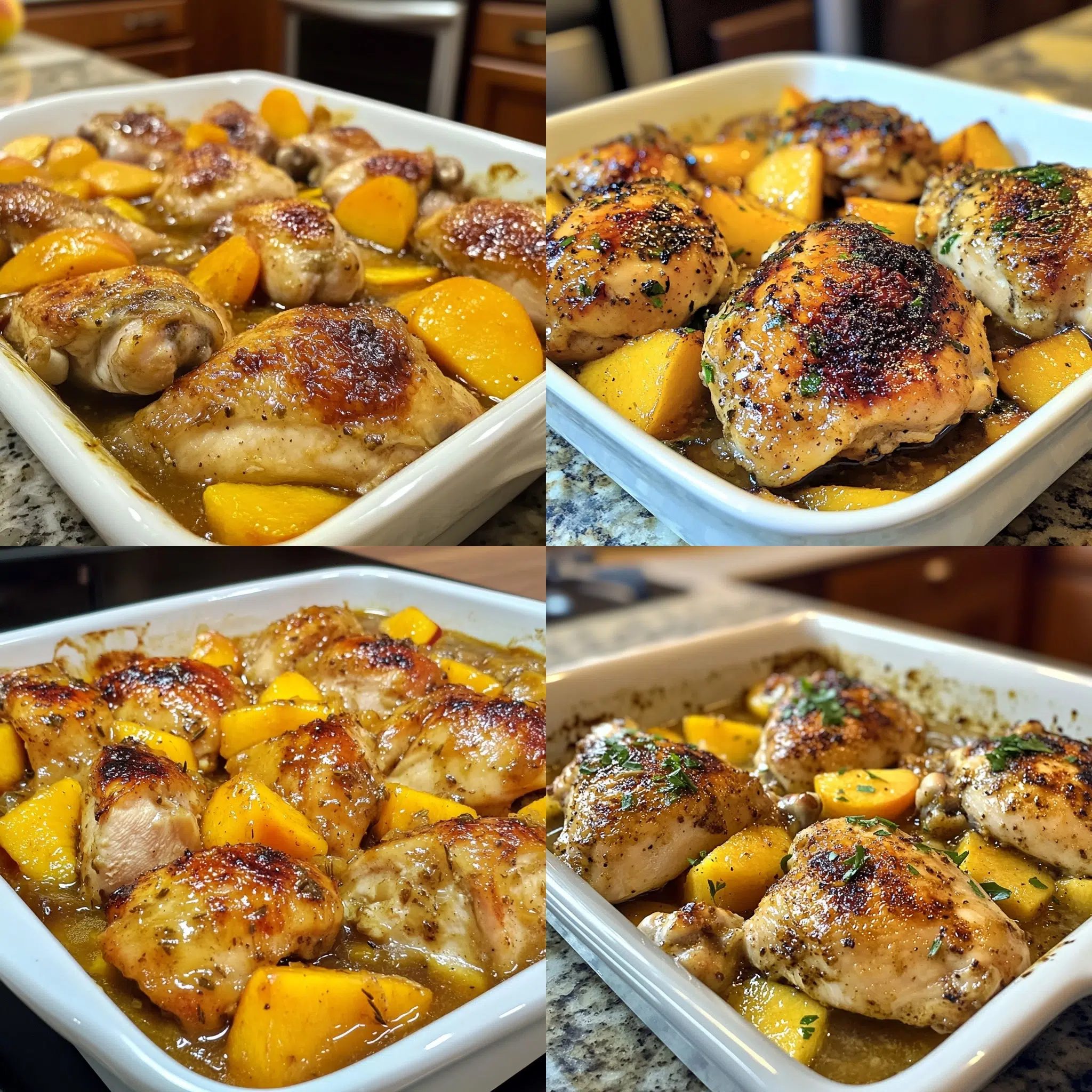 Chicken with Peaches 30 Minute One Pan Meal in a homemade serving dish with a fresh, appetizing finish