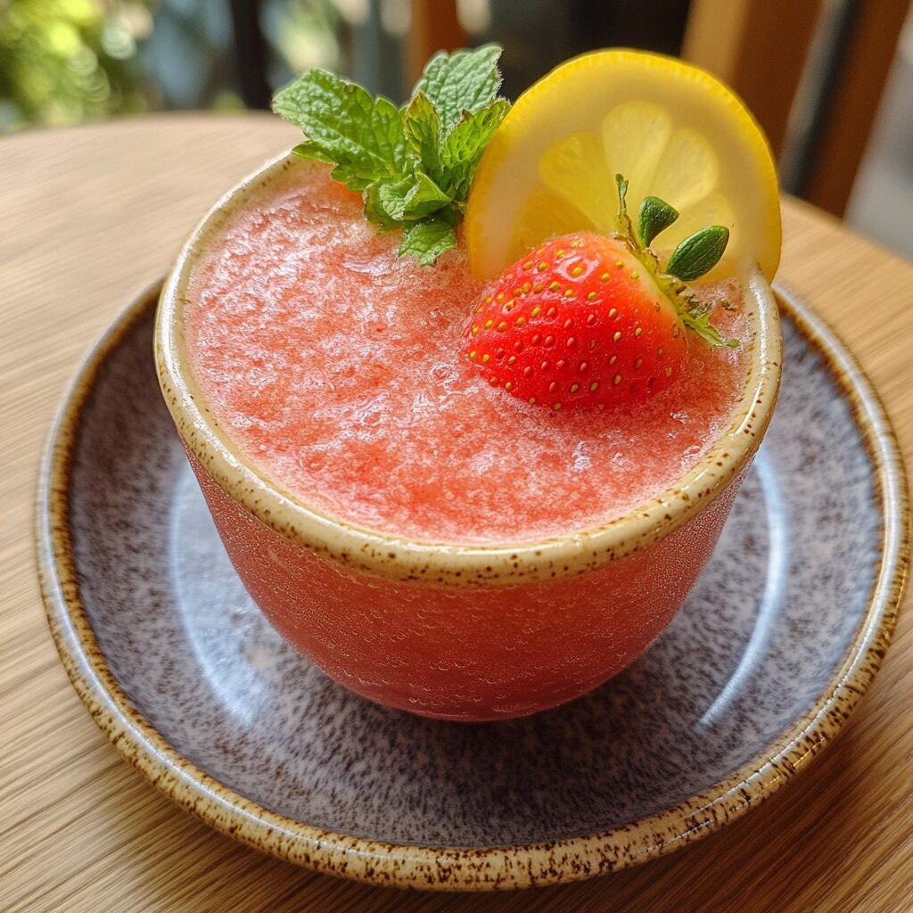 Chill Out with Frozen Strawberry Lemonade presented in natural light with a homemade look