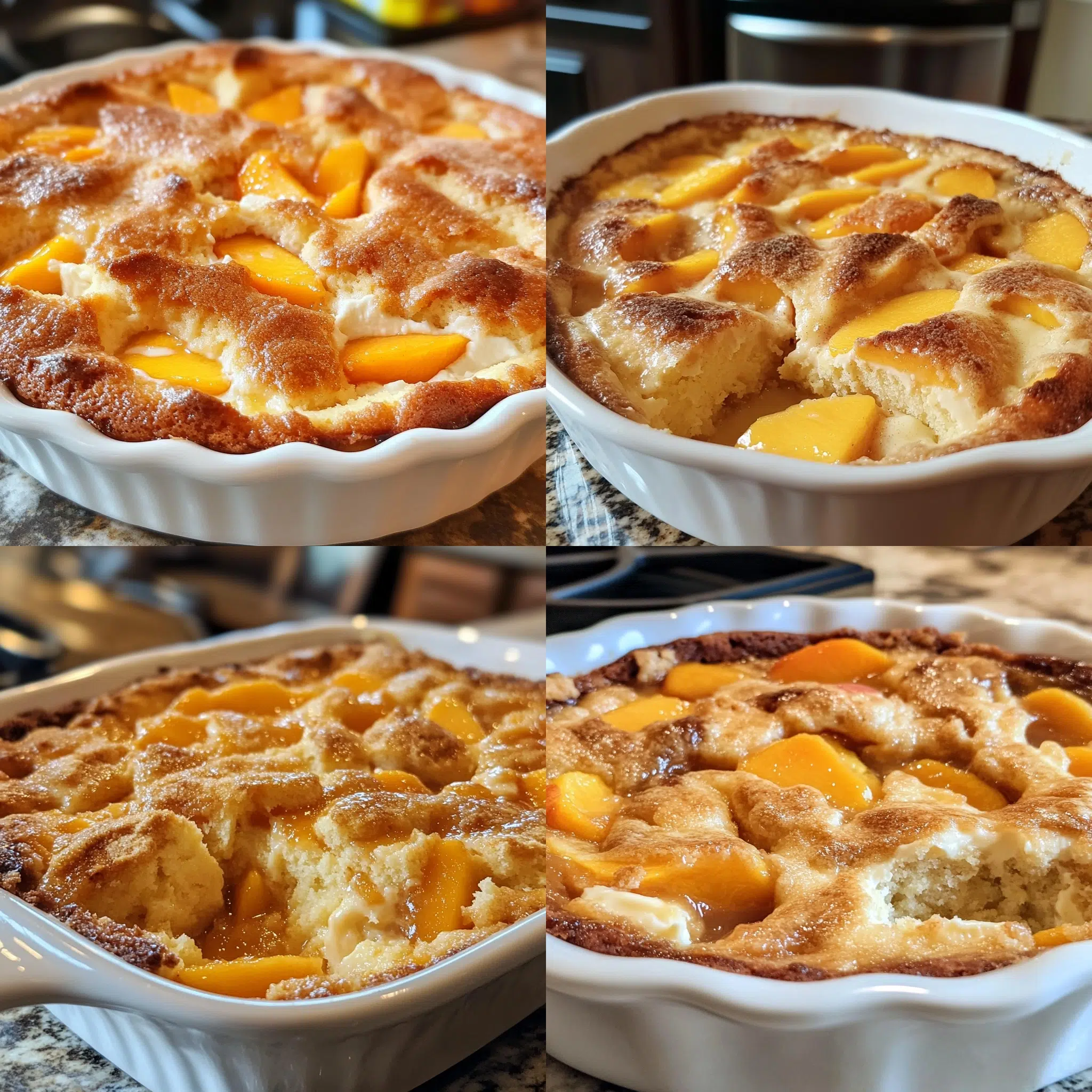 Cream Cheese Peach Cobbler Pound Cake in a homemade serving dish with a fresh, appetizing finish