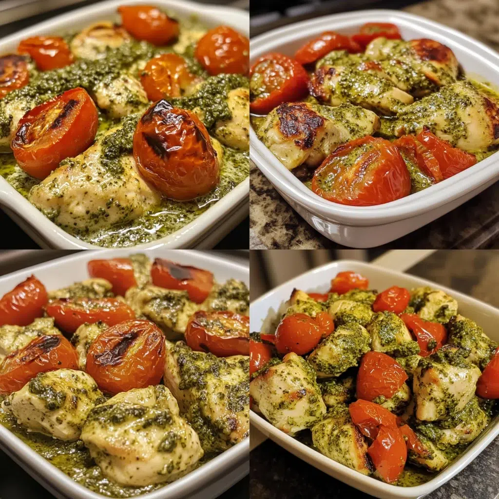 Creamy Pesto Chicken with Roasted Tomatoes in a homemade serving dish with a fresh, appetizing finish