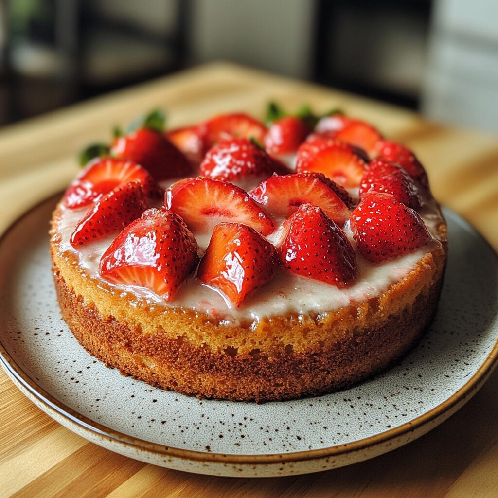 Easy French Strawberry Cake presented in natural light with a homemade look