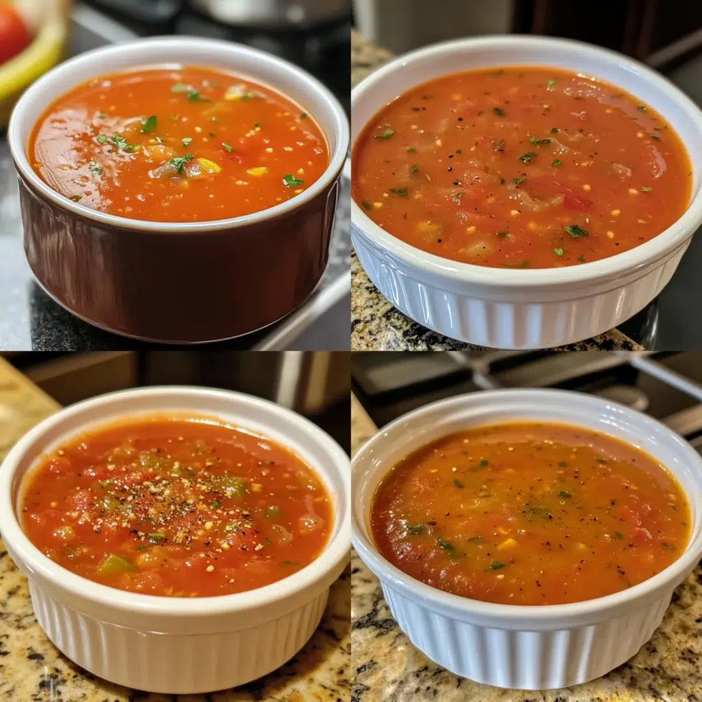 Easy Recipe for Canning or Freezing Tomato Soup in a homemade serving dish with a fresh, appetizing finish