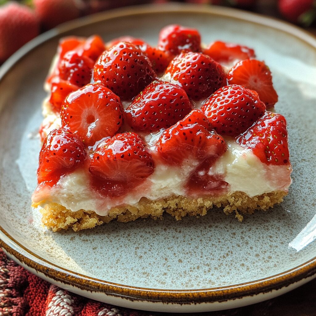 Easy Strawberry Shortcake Bars Recipe presented in natural light with a homemade look
