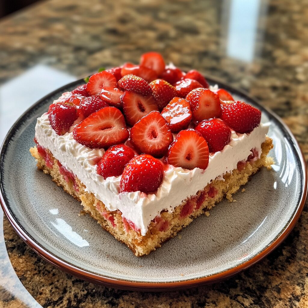 Easy Strawberry Shortcake Sheet Cake for a Crowd presented in natural light with a homemade look