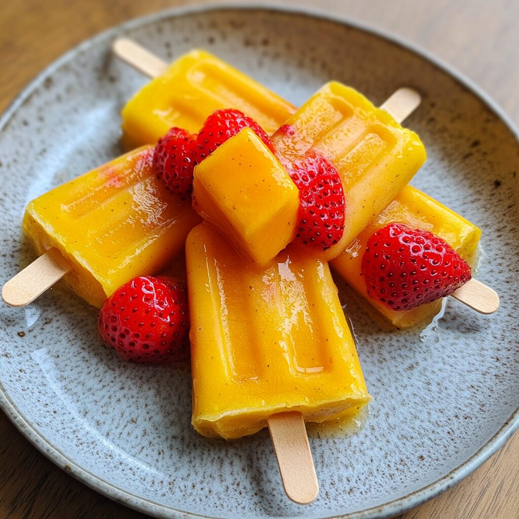 Easy Three Ingredient Strawberry Mango Popsicles presented in natural light with a homemade look