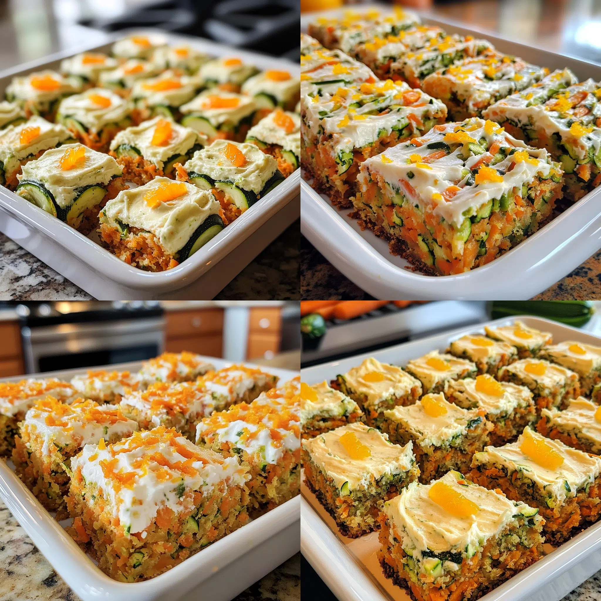 Fluffy Carrot and Zucchini Bars with Citrus Cream Cheese Frosting in a homemade serving dish with a fresh, appetizing finish
