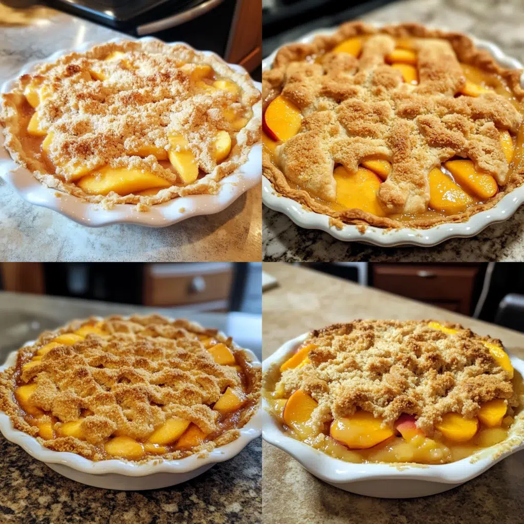 Fresh Peach Pie with Crumb Topping in a homemade serving dish with a fresh, appetizing finish