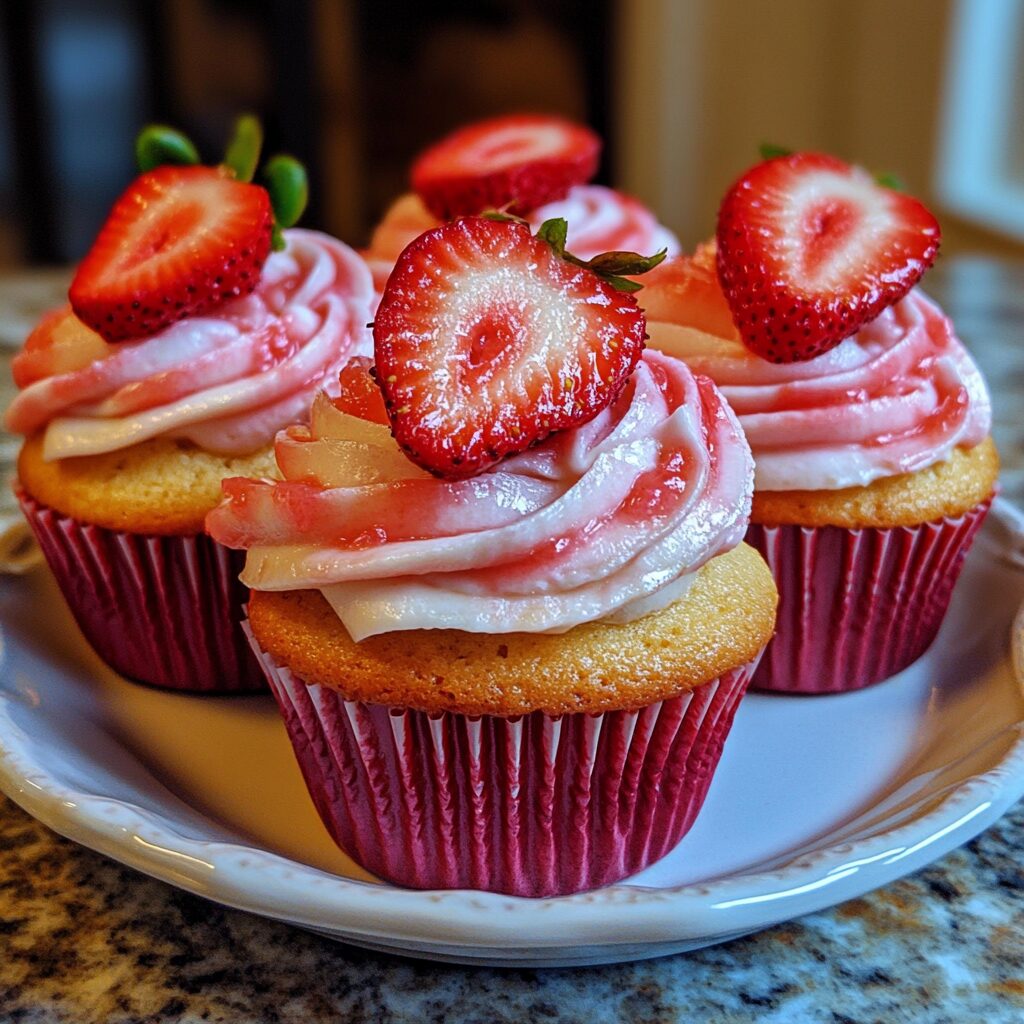 Fresh Strawberry Cupcakes Cupcake Recipe Loaded With Strawberries presented in natural light with a homemade look