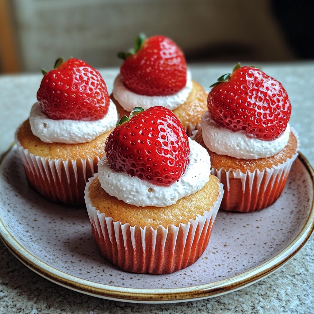 Fresh Strawberry Cupcakes presented in natural light with a homemade look