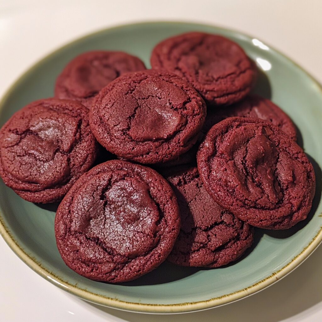 Fudgy Red Velvet Cookies presented in natural light with a homemade look