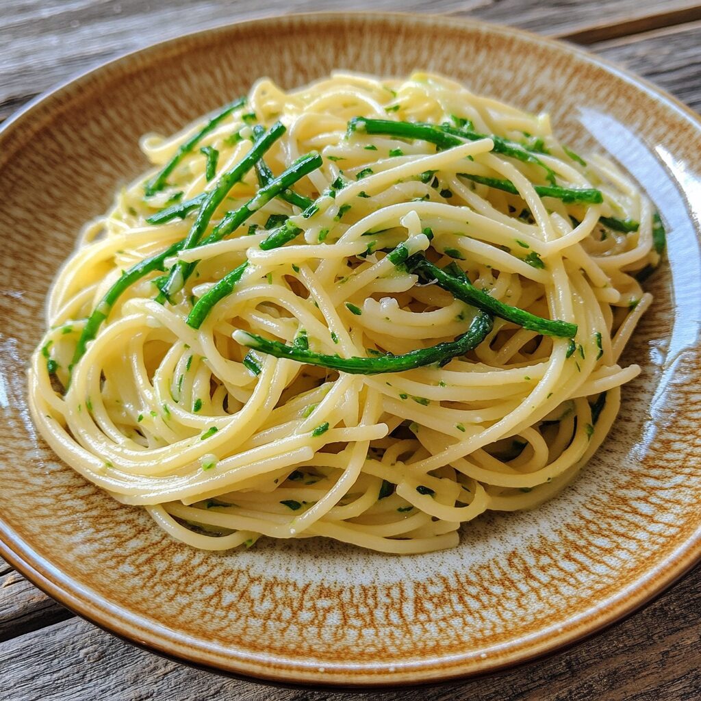 Garlic Scape Pasta Easy Summer Recipes presented in natural light with a homemade look