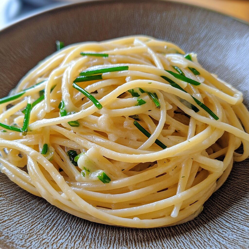 Garlic Scape Pasta presented in natural light with a homemade look
